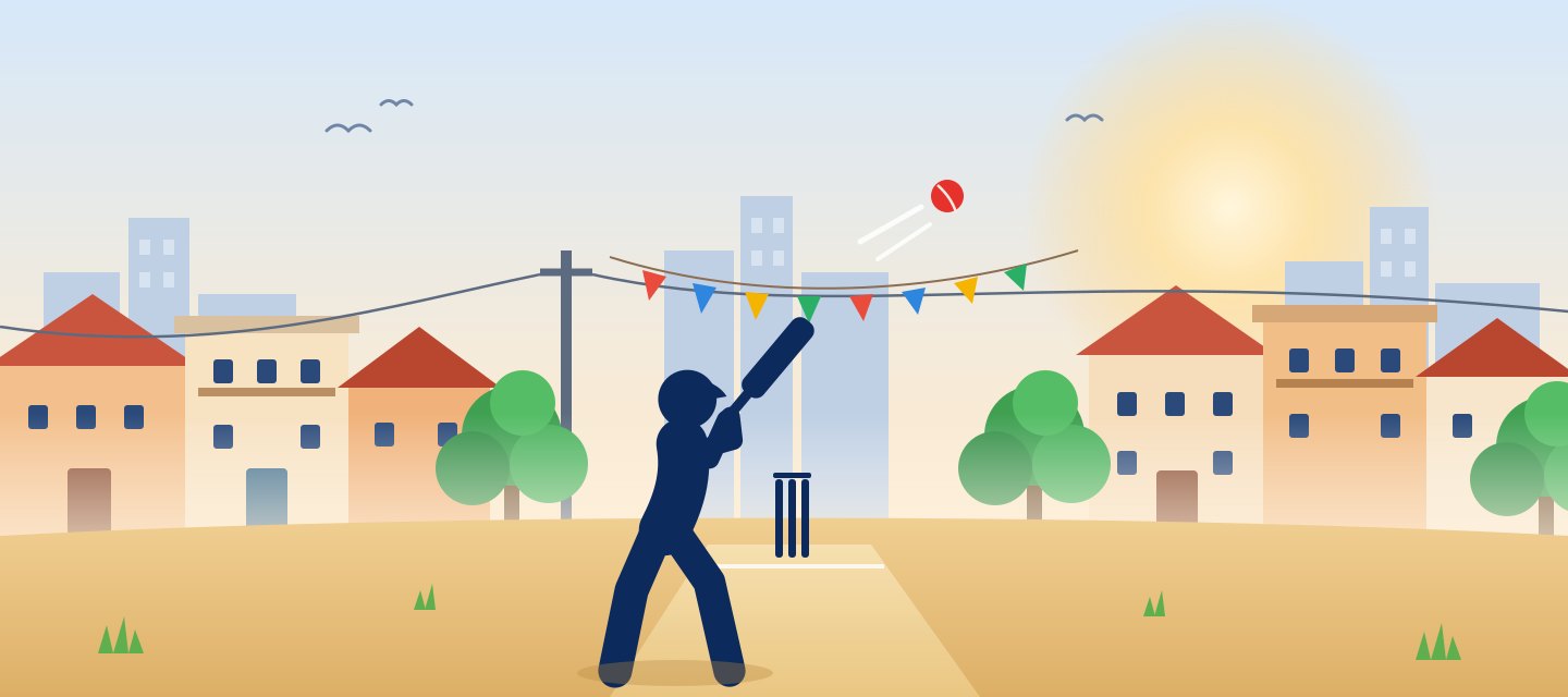 Street cricket in a gully: a batter lofts the ball over the stumps