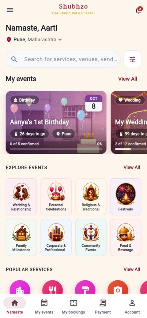 Customer home screen with the user's events, category tiles and popular services
