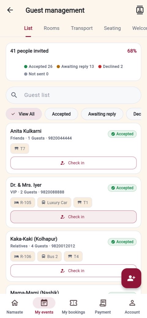 Guest management with RSVP states and check-in