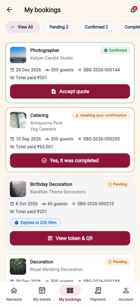My bookings listing requests with status chips and next actions