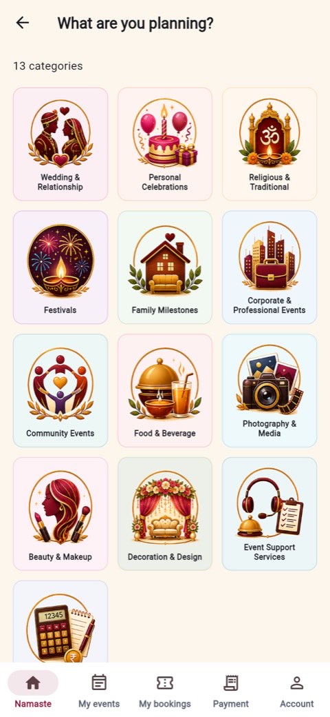 The What are you planning grid showing 13 illustrated event categories
