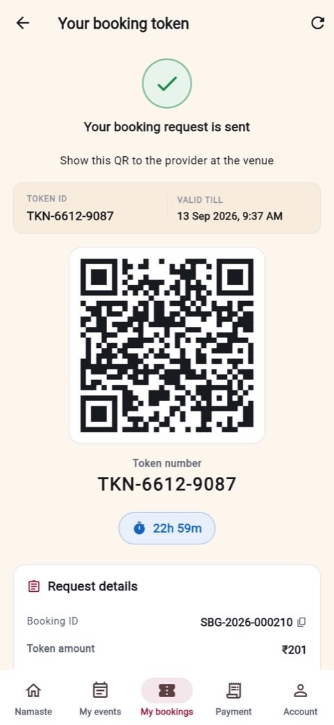 The booking token screen with a QR code, token number and a live countdown