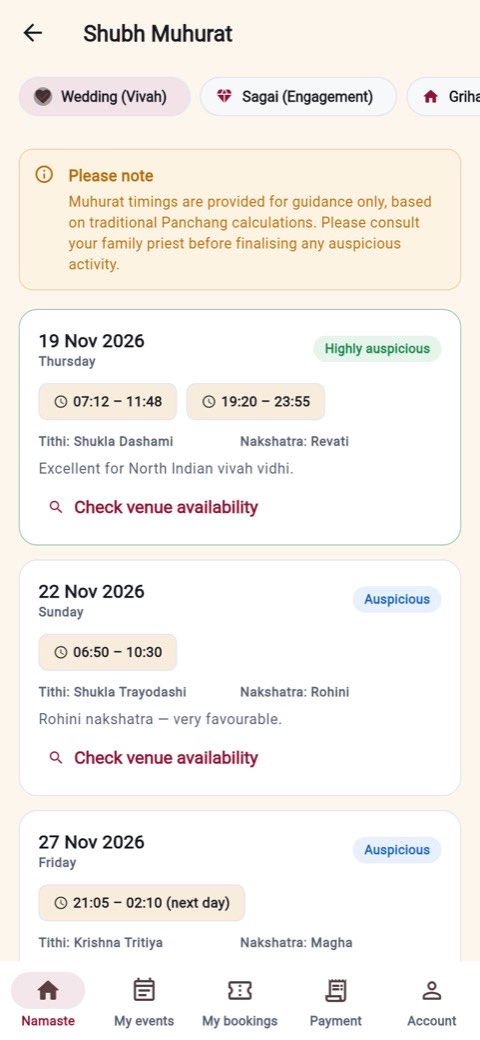 Shubh Muhurat listing auspicious dates with tithi and nakshatra