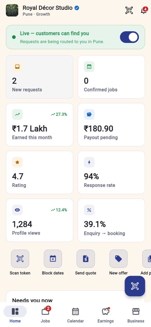 Partner home with KPI tiles for new requests, earnings, payout pending and rating