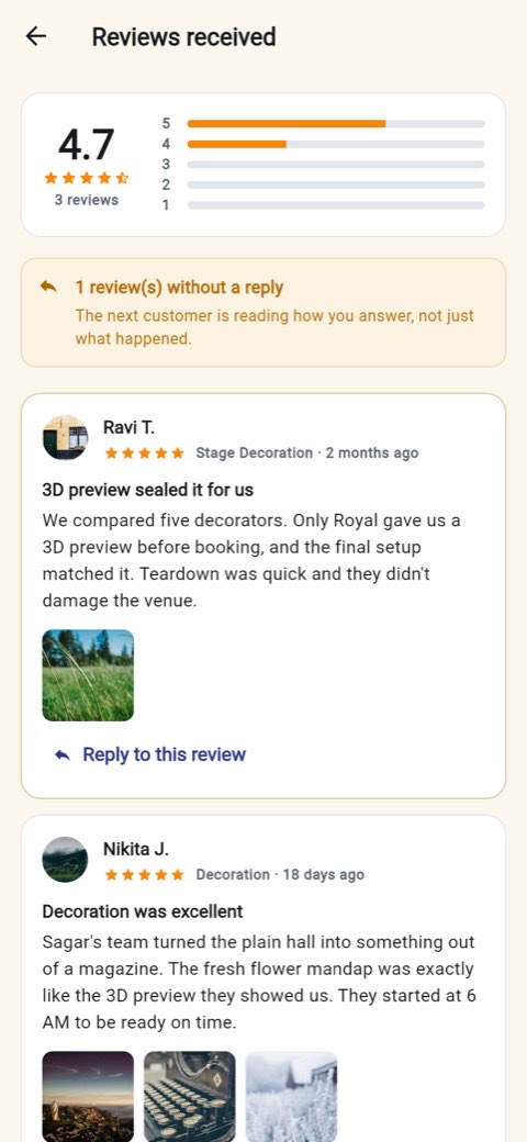 Reviews received, with unanswered ones first and a reply box