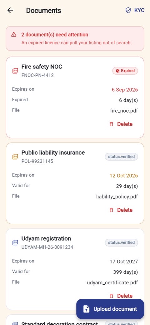 Documents list showing an expired fire NOC and an insurance policy nearing expiry