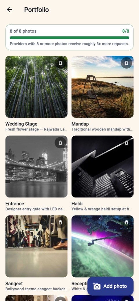 A portfolio of labelled photos with a progress strip