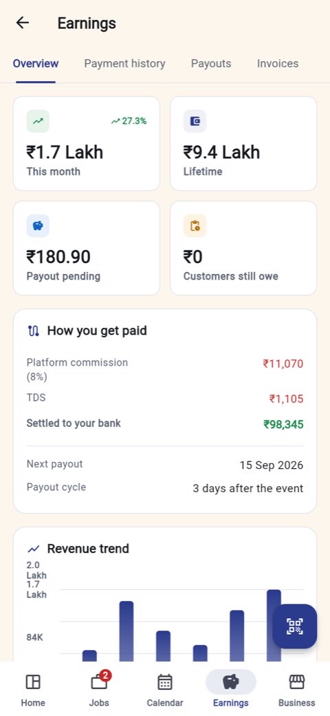 Earnings overview with this month, lifetime, payout pending and the commission breakdown