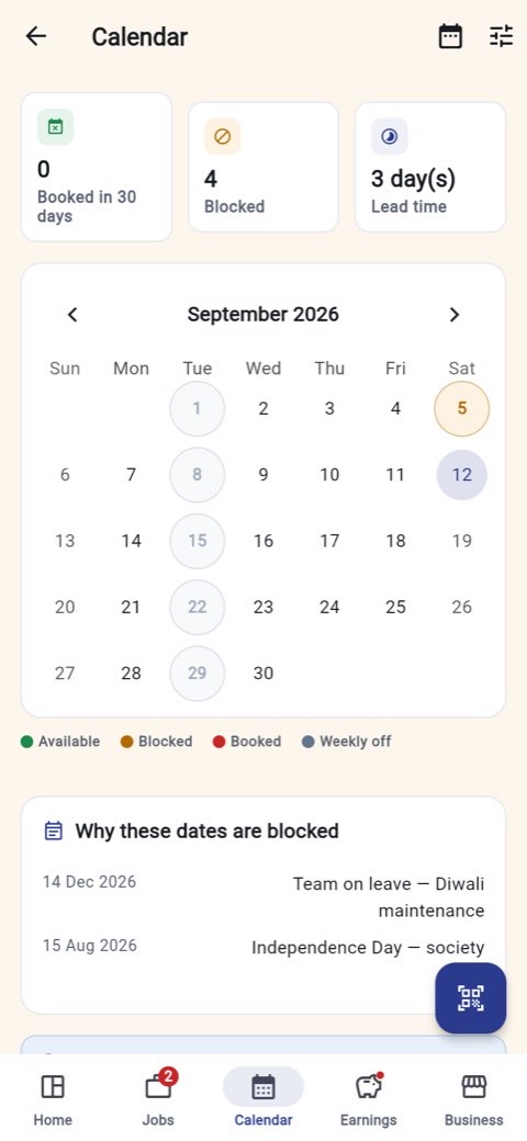 The availability calendar showing available, blocked, booked and weekly off days