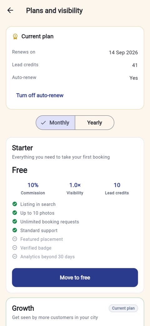 Plans and visibility showing the Starter tier with its commission and lead credits