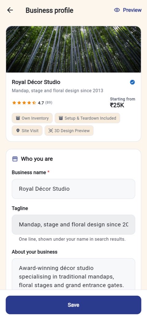 The business profile editor with a customer's-eye preview