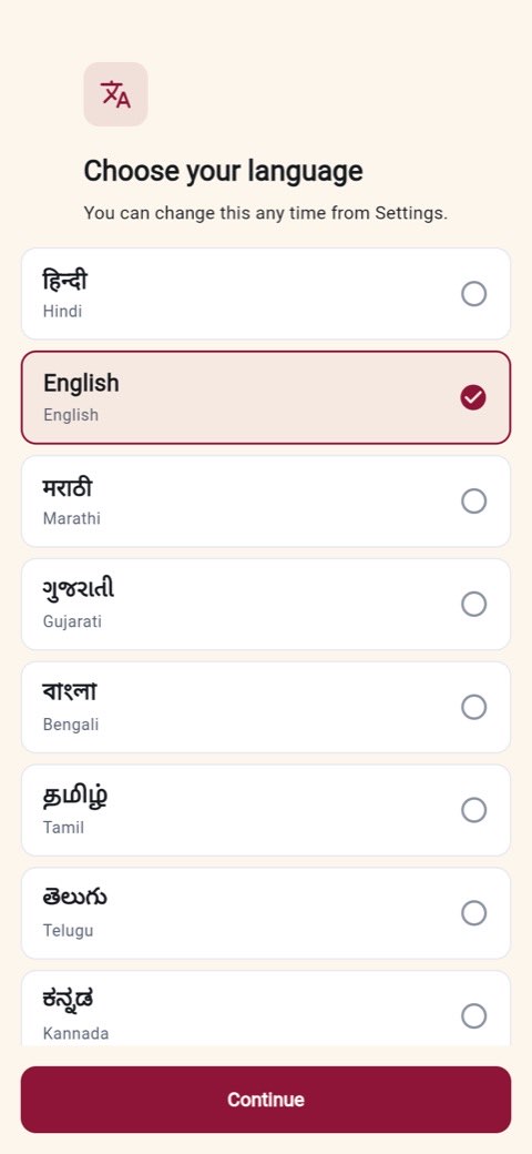 The language chooser listing Hindi, English, Marathi, Gujarati, Bengali, Tamil, Telugu and Kannada in their own scripts