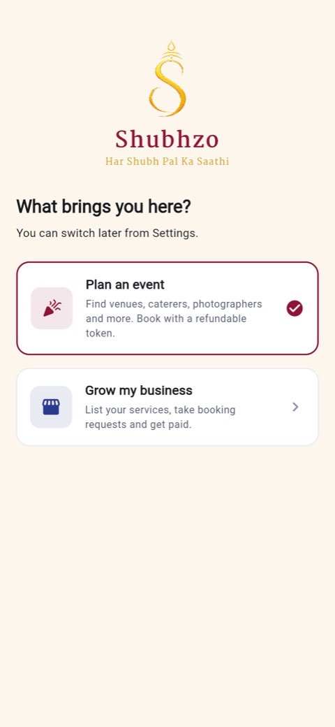 The first-run screen asking What brings you here, offering Plan an event or Grow my business